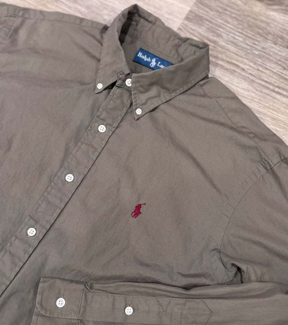 Polo Ralph Lauren Mens XL Shirt Olive Brown Poplin Button Down Maroon Pony